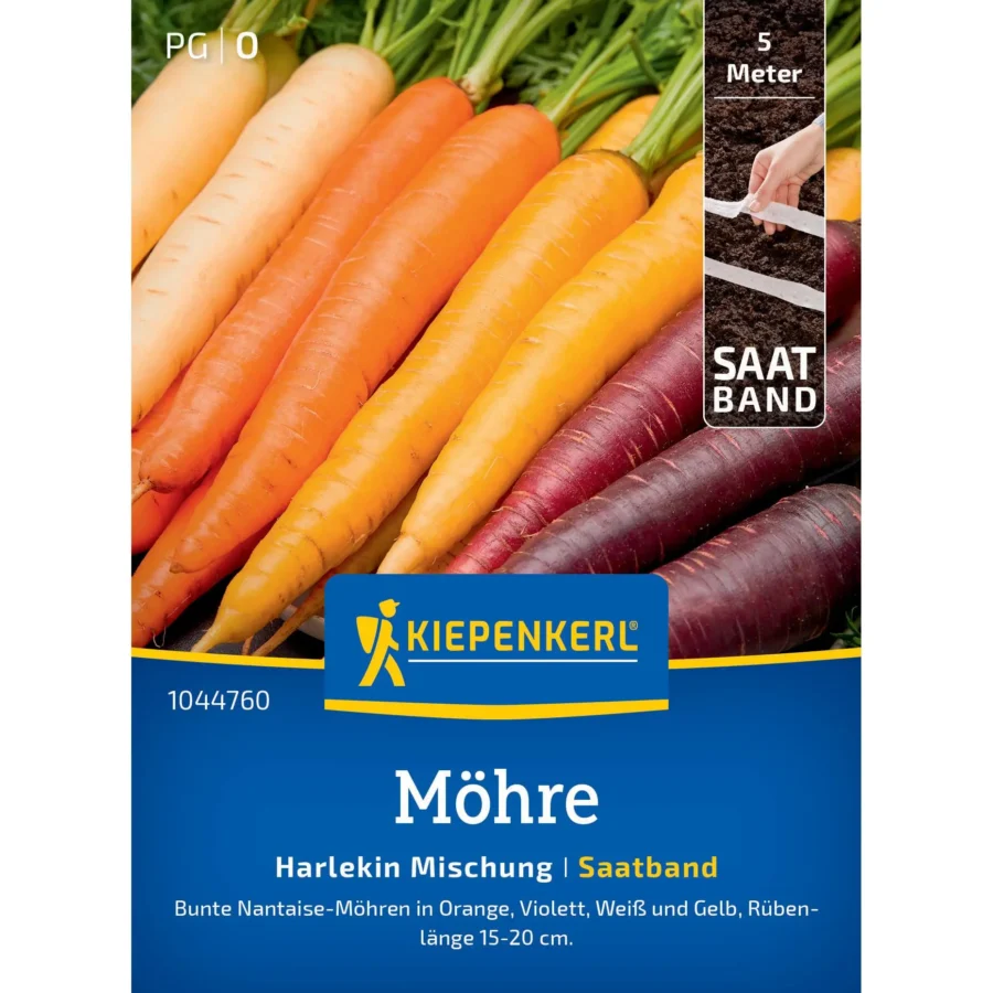 Kiepenkerl Möhren Harlekin Mischung F1 Saatband, farbenfroh und knackig, ideal für Erntersteigerung im heimischen Garten.