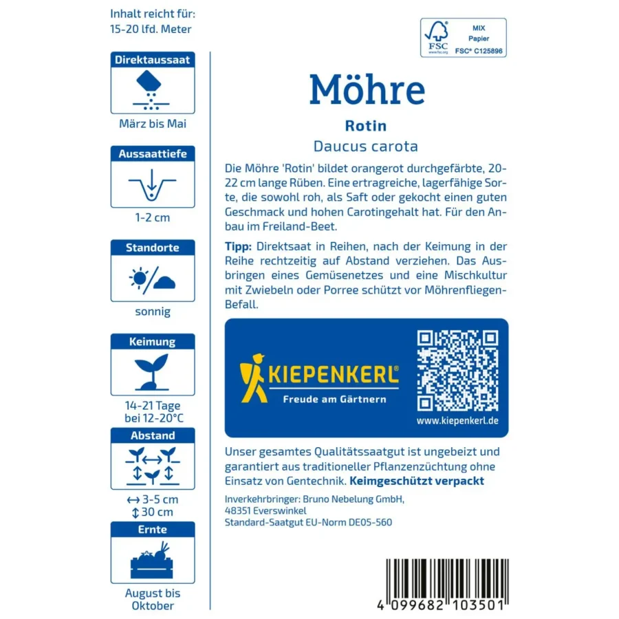 Kiepenkerl-Möhre Rotin, aromatische frühe Möhre, robust und ertragreich, ideal für frische Gartenernte.