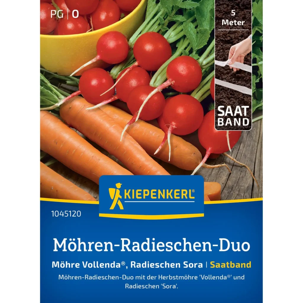 Kiepenkerl Möhren-Radieschen-Duo Saatband, ideal für platzsparenden Garten, enthält hochwertige Samen der Möhre Vollenda® und Radieschen Sora.