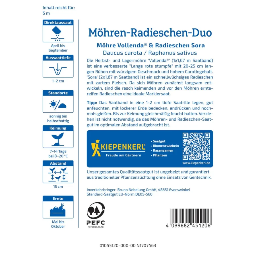 Kiepenkerl Möhren-Radieschen Duo Saatband für einfachen Anbau, enthält hochwertige Sorte Vollenda® und Sora, ideal für gesunde Gartenfreunde.