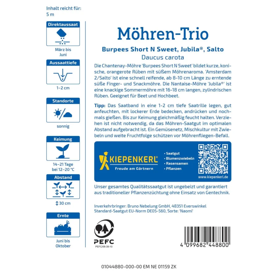 Kiepenkerl Möhren Trio Saatband, Short &apos;N&apos; Sweet, ideal für platzsparenden Gemüseanbau, 2m, perfekte Mischung für bunte Ernten.