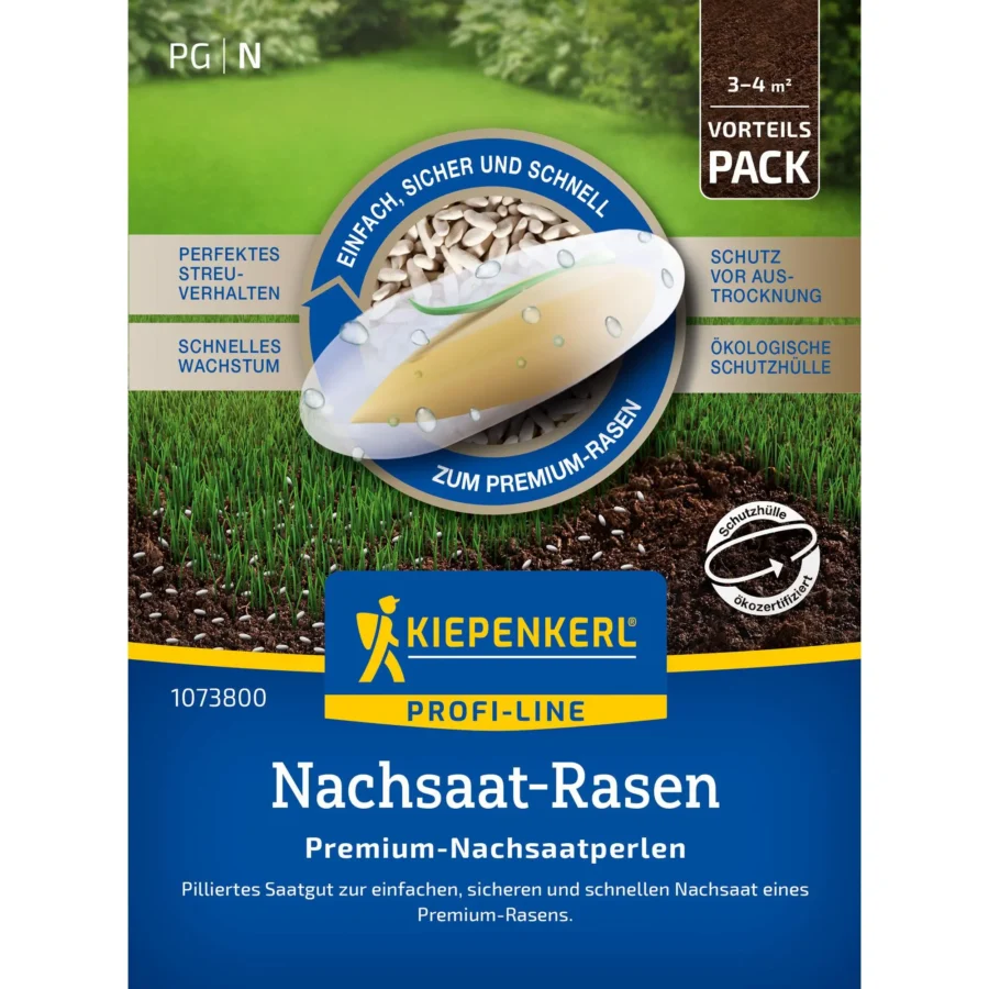 Kiepenkerl Nachsaat-Rasensamen, Premium-Nachsaatperlen, perfekt für eine grüne und dichte Rasenfläche, 1 kg – sorgt für schnelle Bodendeckung und ist hochgradig widerstandsfähig.