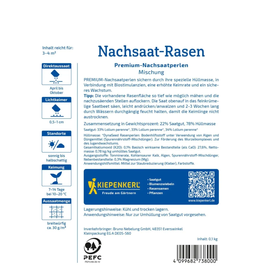 Kiepenkerl Nachsaat-Rasensamen für dichten, grünen Rasen, 1 kg, ideal für schnelle Rasenerneuerung und besten Pflanzenwachstums.