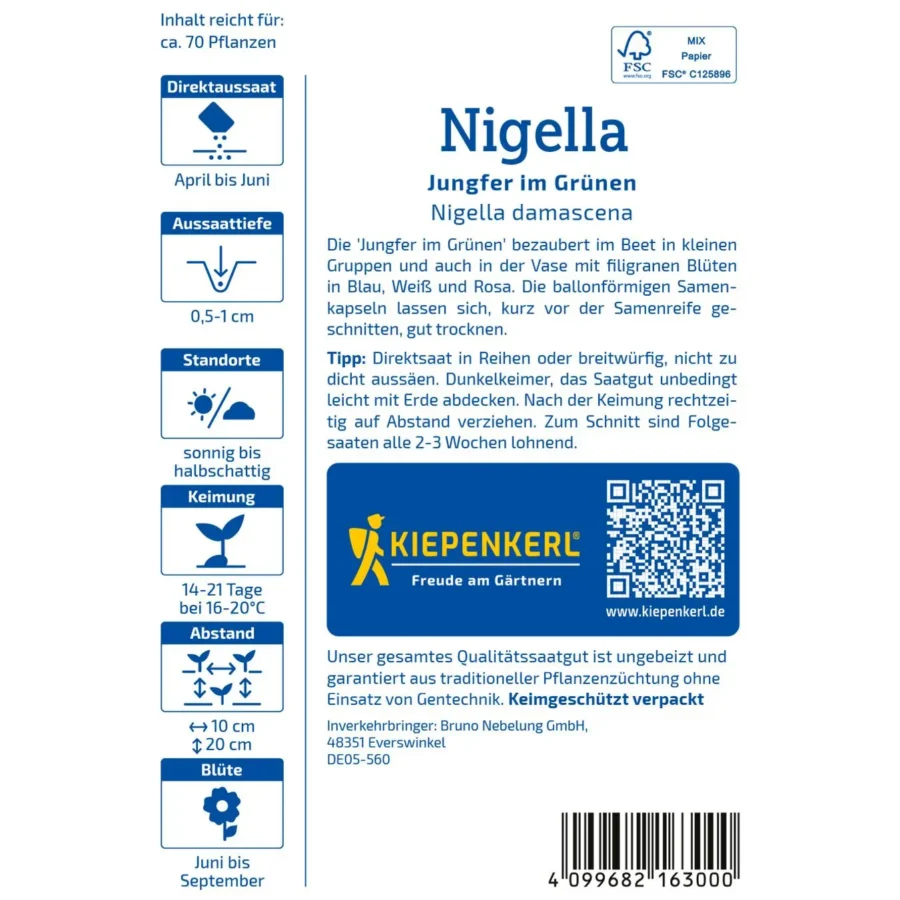Kiepenkerl Nigella &apos;Jungfer im Grünen&apos;, blühende Pflanze, ideal für bienenfreundliche Gärten, dekorative, filigrane Blüten in zartem Blau.