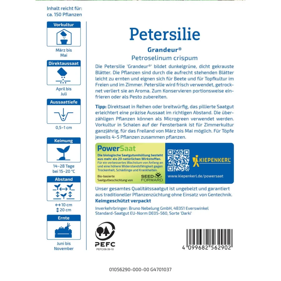 Kiepenkerl Petersilie Grandeur® PowerSaat, aromatisch und robust, ideal für Gartenliebhaber, enthält hochwertige Saatgutmischung.