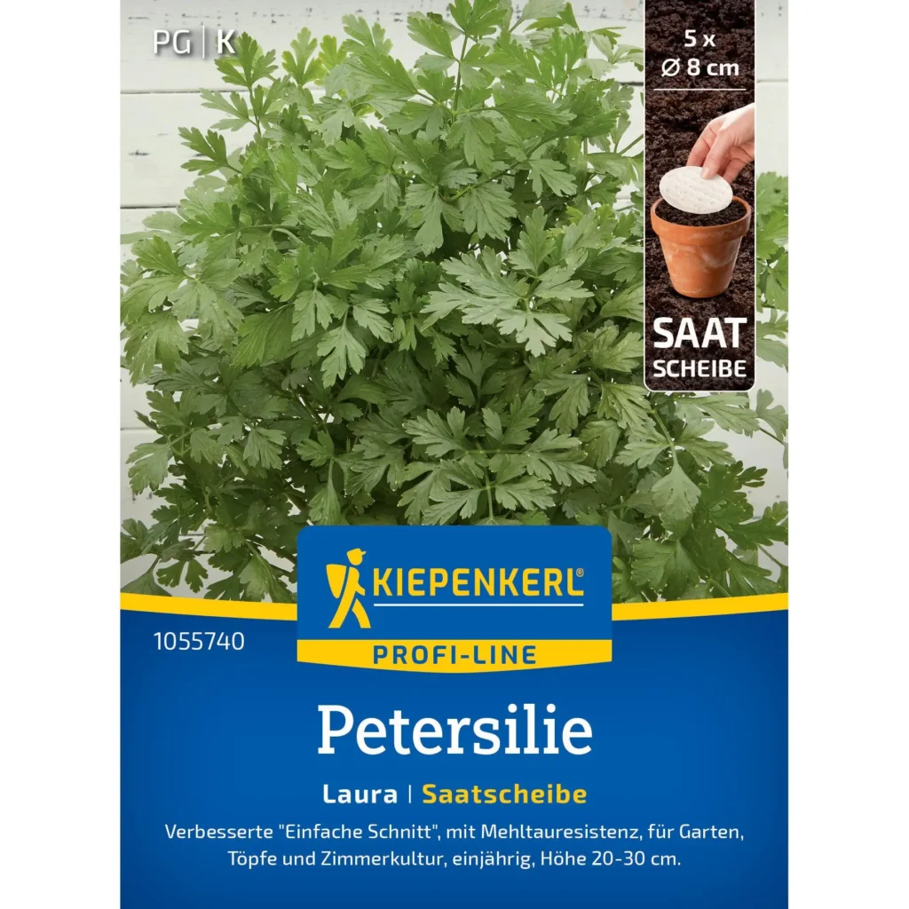 Kiepenkerl Petersilie Laura Saaatscheibe für aromatische, frisch geerntete Kräuter, ideal für Fensterbänke und kleine Gärten.