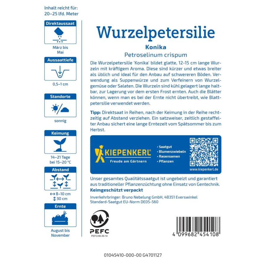 Kiepenkerl Petersilienwurzel-Samen &apos;Konika&apos;, für aromatische Wurzeln im eigenen Garten, hochwertige Sortenvielfalt, 1 Portion.