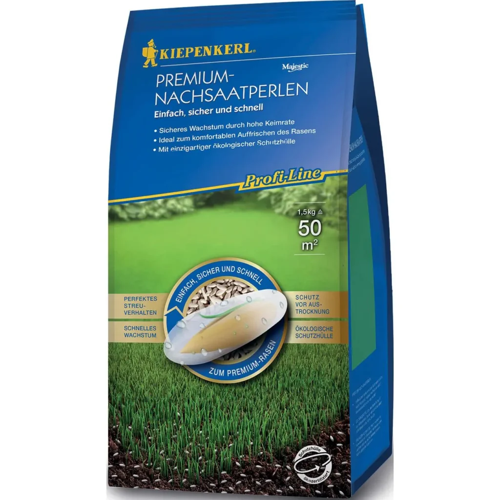 Kiepenkerl Premium Nachsaatperlen, 1,5 kg, für eine dichte und grüne Rasenfläche, unterstützt schnelles Wachstum und optimale Nachsaat.