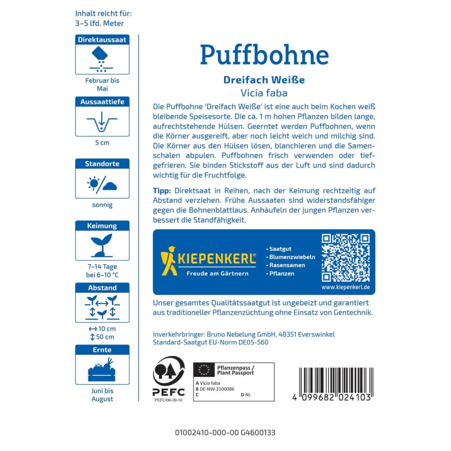 Kiepenkerl Puffbohne Dreifach Weiße, ertragreiche Gemüsesorte für blühende Hochbeete, robust und frostresistent.