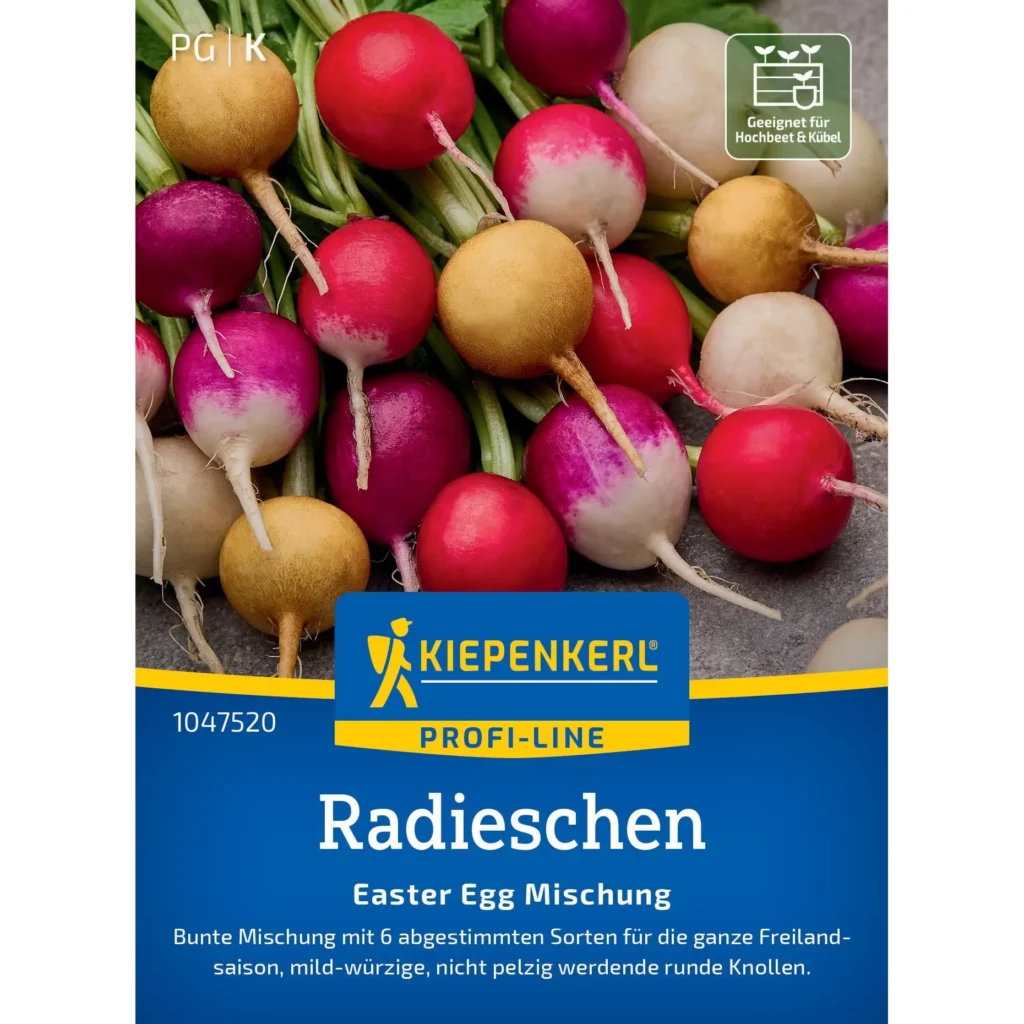 Kiepenkerl Radieschen-Easter-Egg-Mischung für bunte und knackige Radieschen, ideal für frische Salate und Hochbeete.