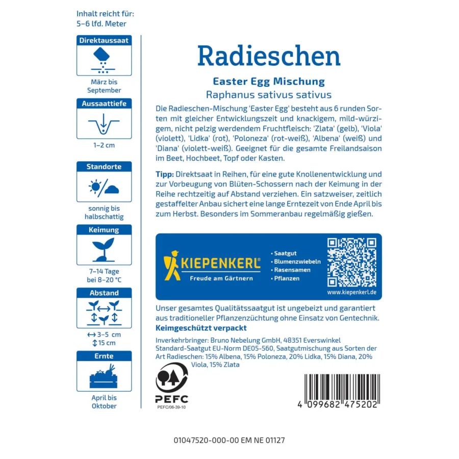 Kiepenkerl Radieschen Easter Egg Mischung, bunte und schmackhafte Radieschen für den fröhlichen Garten, ideal für alle Anbaubedingungen.