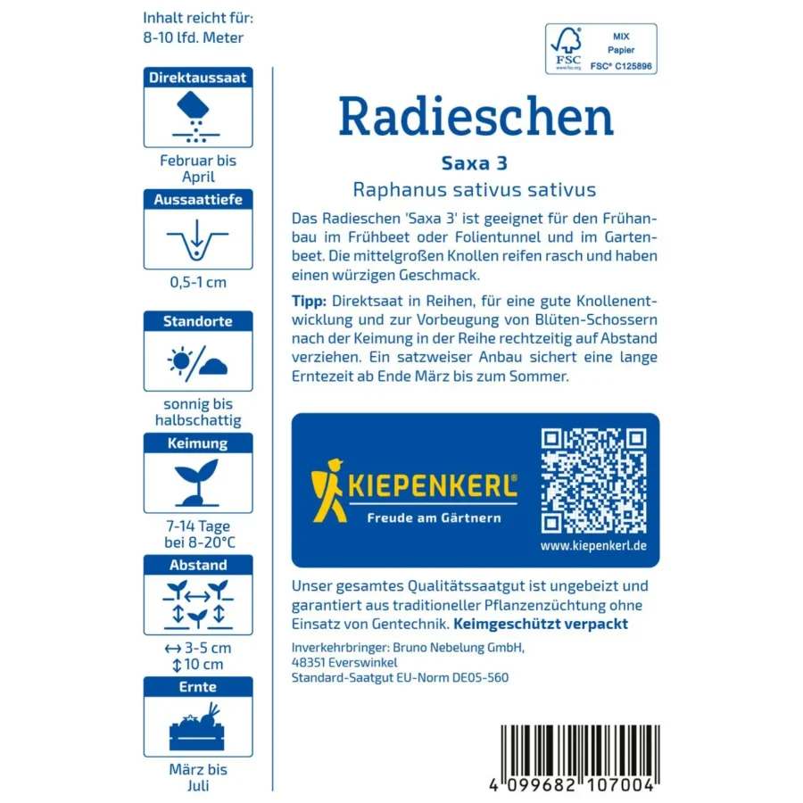 Kiepenkerl Radieschen Saxa 3, knackig und aromatisch, ideal für schnelles Wachstum im Garten oder auf dem Balkon.