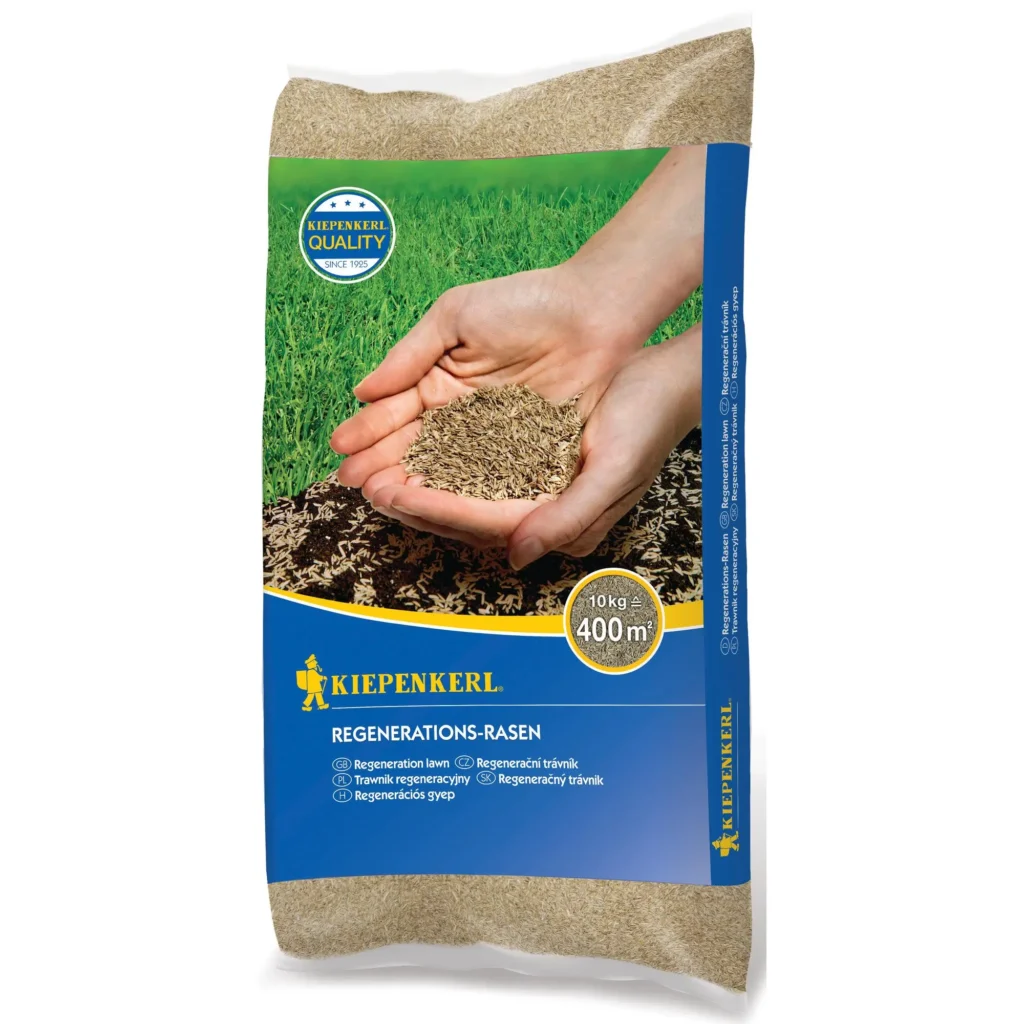Kiepenkerl Regenerations-Rasensamen 10 kg, ideal für strapazierte Rasenflächen, fördert schnelles Wachstum und dichte Begrünung.