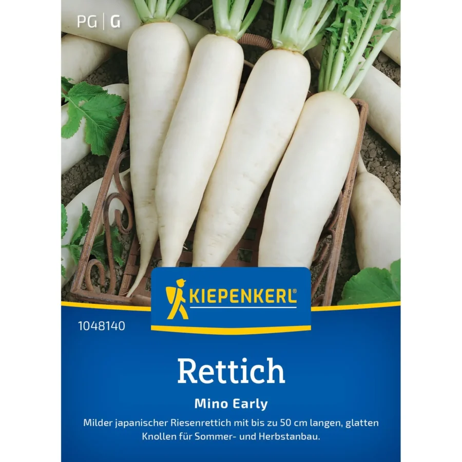 Kiepenkerl Rettich Mino Early, knackig und aromatisch, ideal für frühzeitige Ernten im eigenen Garten.