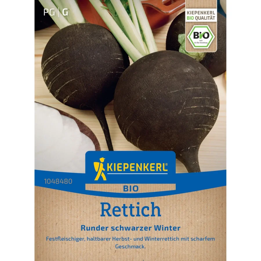 Kiepenkerl Rettichsamen Runder Schwarzer Winter, ertragreich und schmackhaft, ideal für den Anbau im Garten oder Hochbeet.