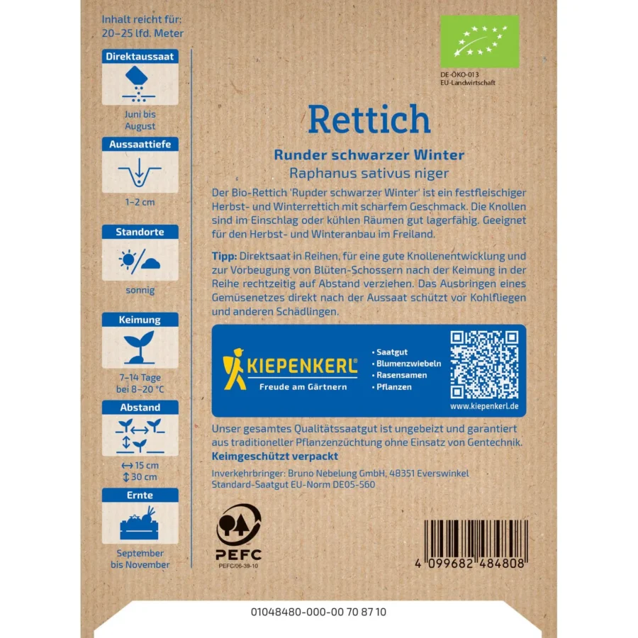 Kiepenkerl Rettichsamen Runder schwarzer Winter, heimisch und robust, ideal für den eigenen Garten, sorgt für schmackhafte Ernte.