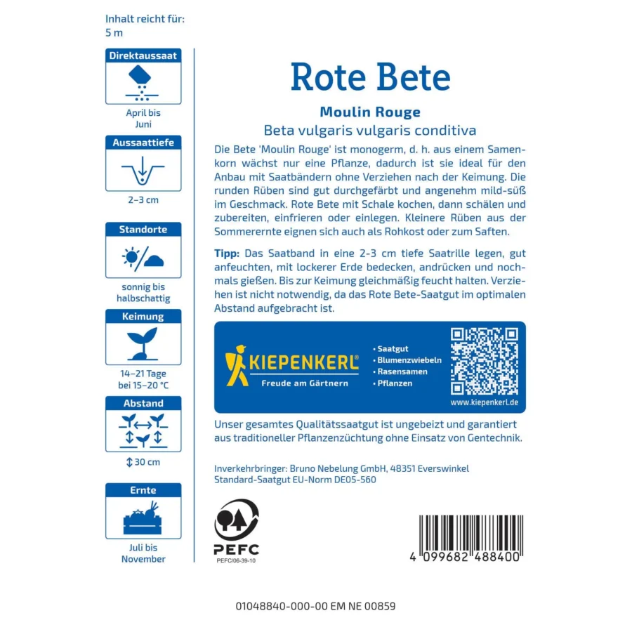 Kiepenkerl Rote Bete Moulin Rouge Saatband, ideal für nährstoffreiche Beete, beste Keimung durch gleichmäßige Saatverteilung, 5 Meter.