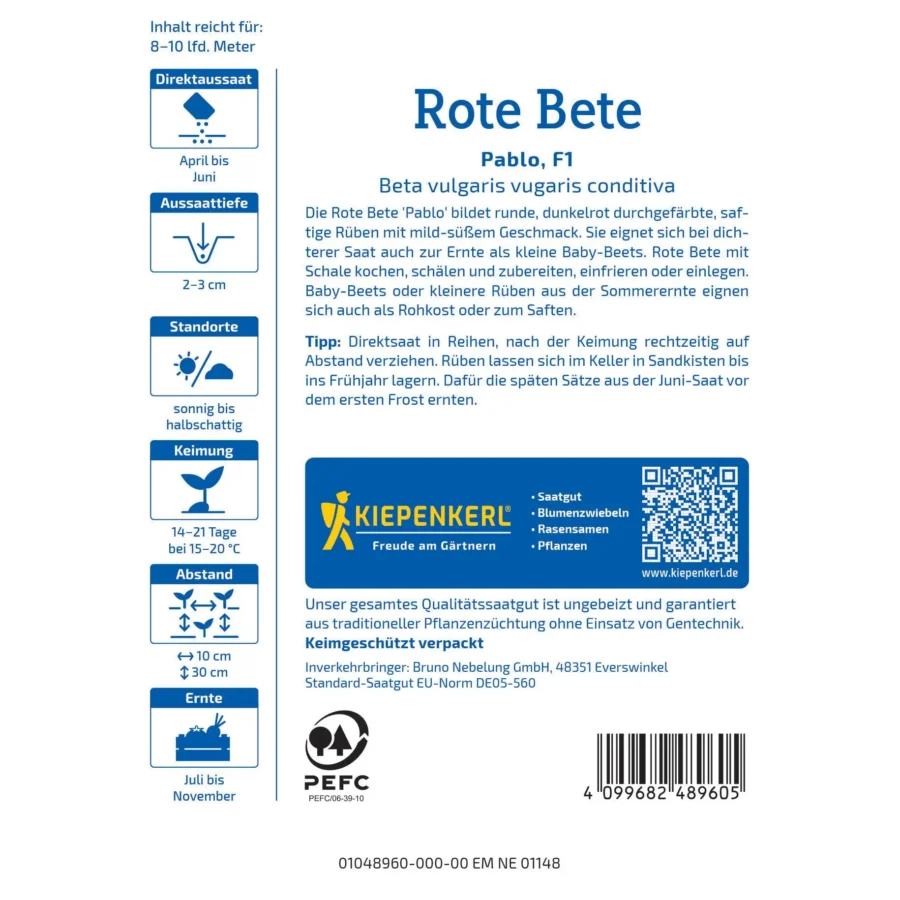 Kiepenkerl Rote Bete Pablo F1, samenfeste, schmackhafte Rotbeete, ideal für frische Salate, robuste Ernte, 2 Portionen.