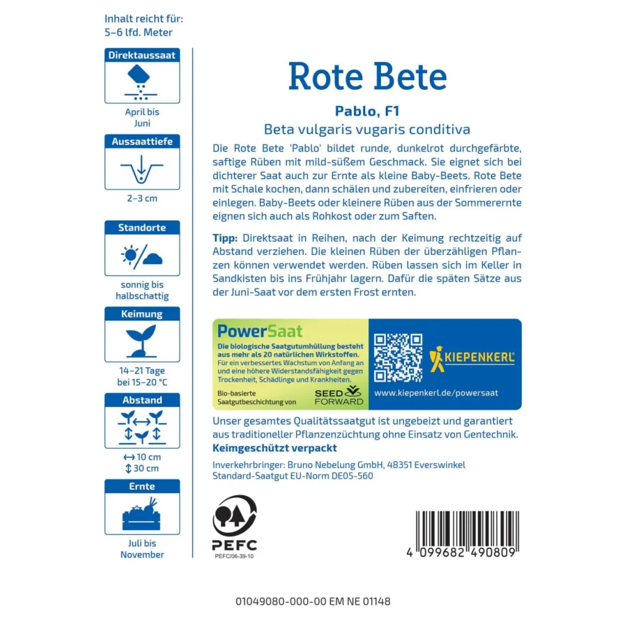 Kiepenkerl Rote Bete Pablo F1 Saatgut, für ertragreiche Ernten, ideal für den Gartenbau, 500 Samen.