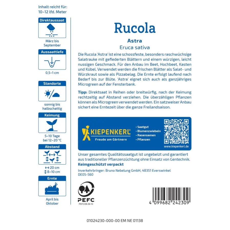 Kiepenkerl Rucola Astra 2, aromatischer, schnell wachsender Salat, ideal für Garten und Balkon, in praktischer Saatgut-Packung.
