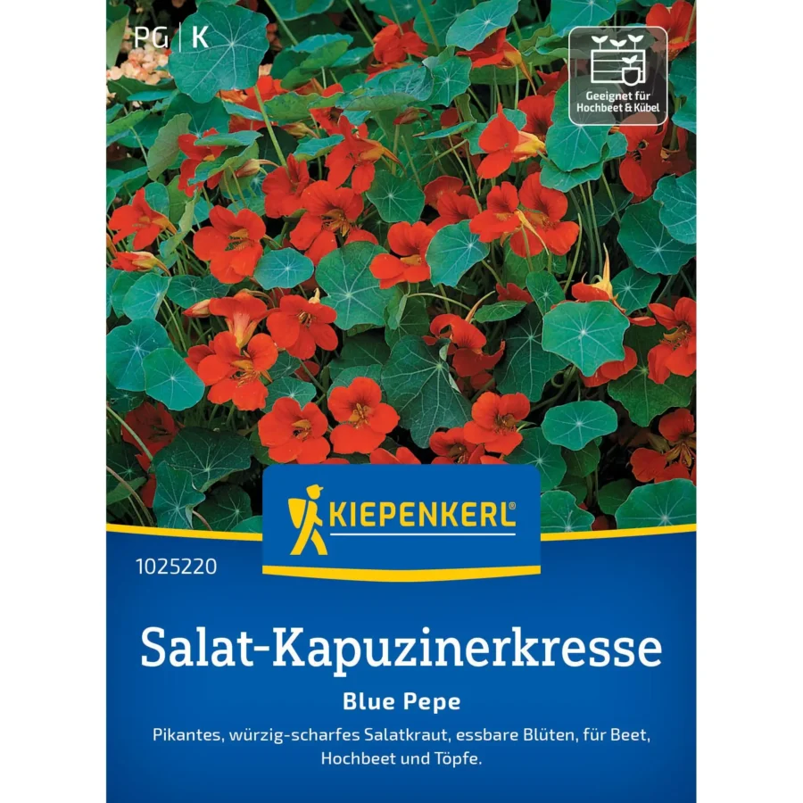 Kiepenkerl Salat Kapuzinerkresse Blue Pepe, vitaminreiche Pflanze mit essbaren Blüten, ideal für kreative Salate und Balkonbegrünung.