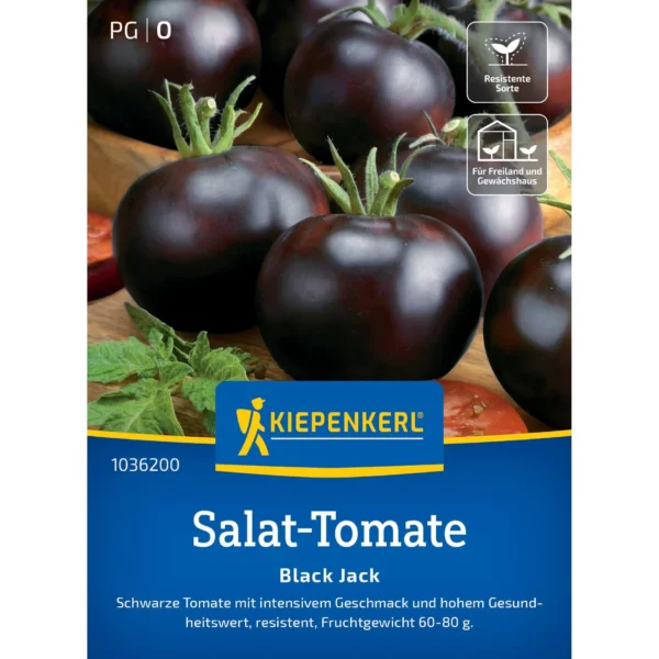Kiepenkerl Salat-Tomate Black Jack F1, fruchtiger Geschmack, robust und ertragreich, ideal für Balkon und Garten, hohe Widerstandsfähigkeit.