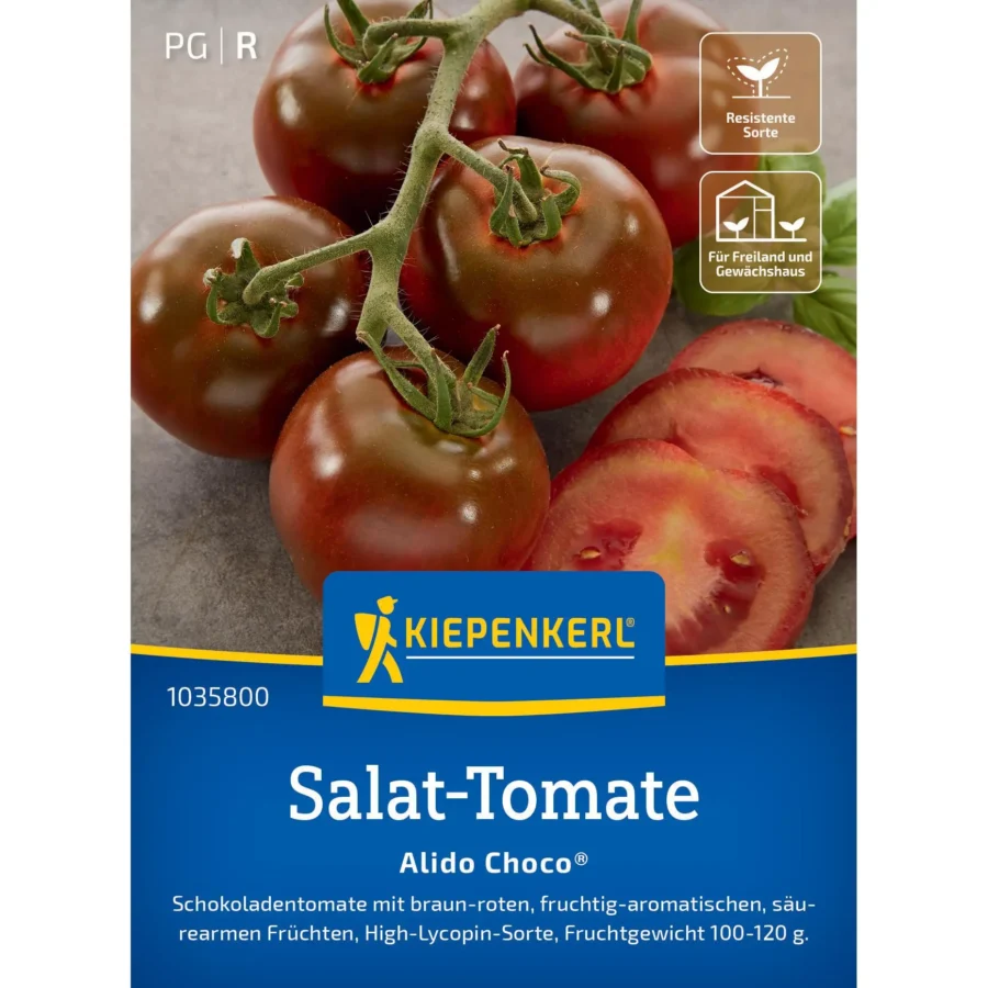 Kiepenkerl Salat-Tomatensamen Alido Choco® für aromatische, süße Tomaten in außergewöhnlicher Schokoladenfarbe, ideal für Gartenliebhaber.