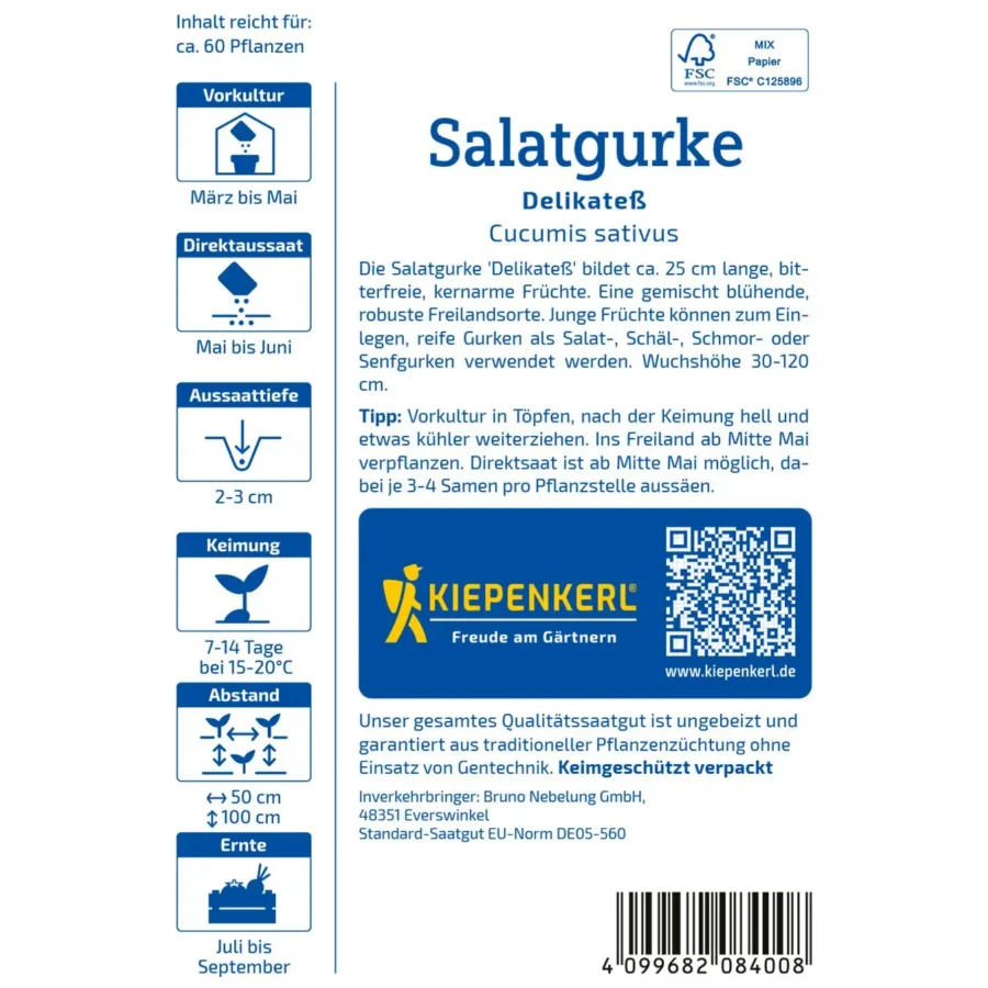 Kiepenkerl Salatgurke Delikatess, knackig und geschmackvoll, ideal für frische Salate und gesunde Küche, robust und ertragreich.