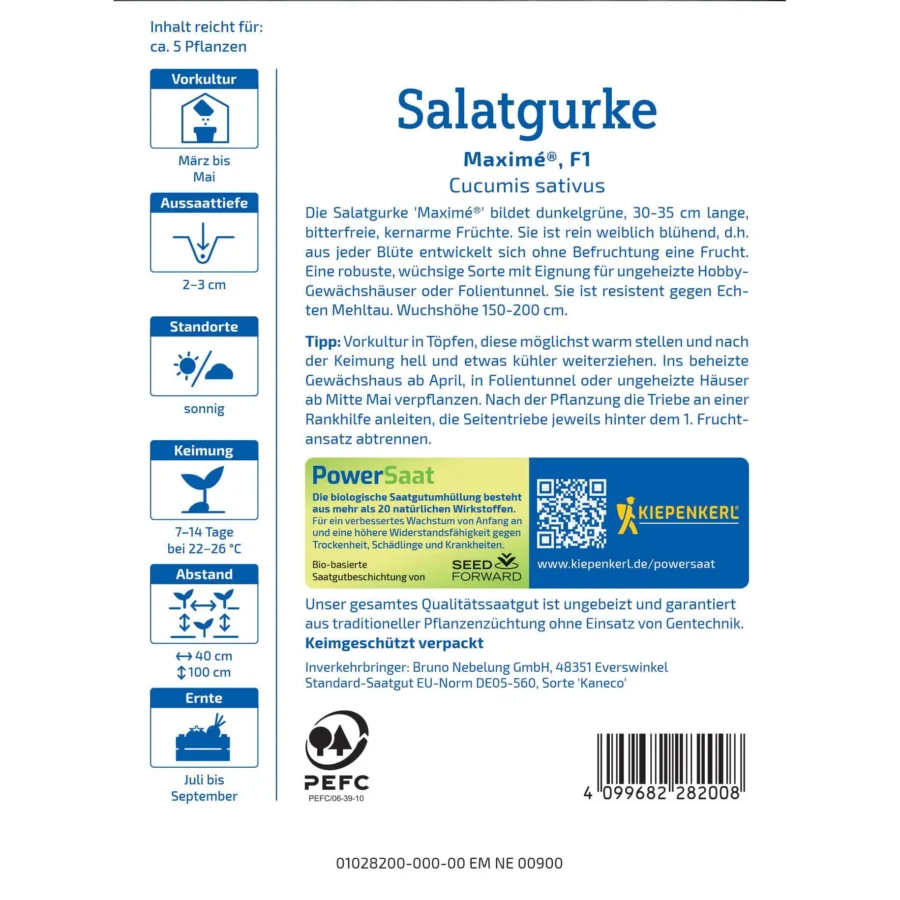 Kiepenkerl-Salatgurke Maxime® F1, ertragreiche Hybridsorte, ideal für Modulbeete, saftig und knackig, perfekt für frische Salate.