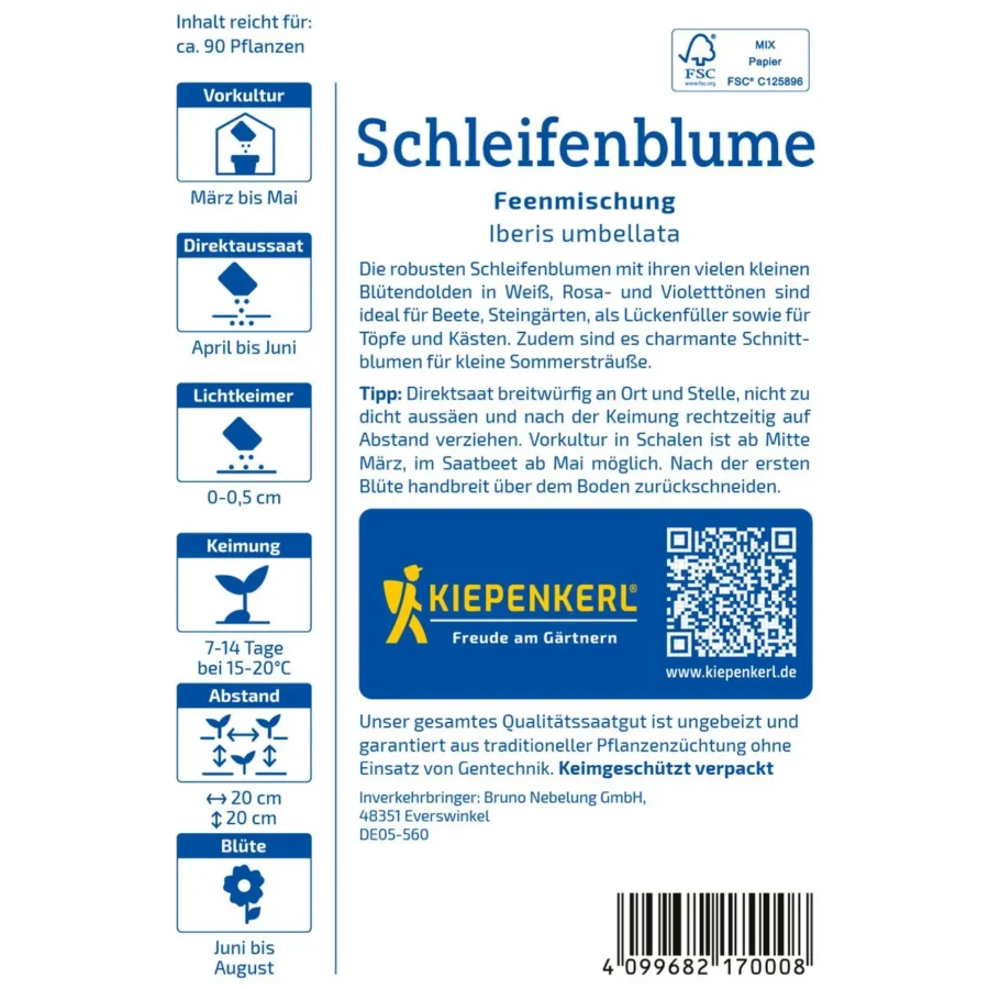 Kiepenkerl Schleifenblumesamen Feenmischung, 10 Gramm, für zauberhafte blühende Gärten, ideal für bunte Blumenbeete.
