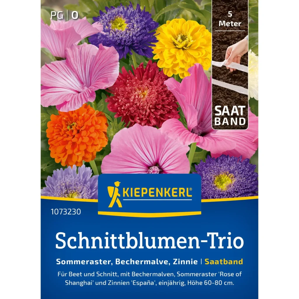 Kiepenkerl Schnittblumen-Trio mit Sommeraster, Lavatera & Zinnia, Saatband für farbenfrohe Blumenbeete, ideal für Garteneinsteiger.