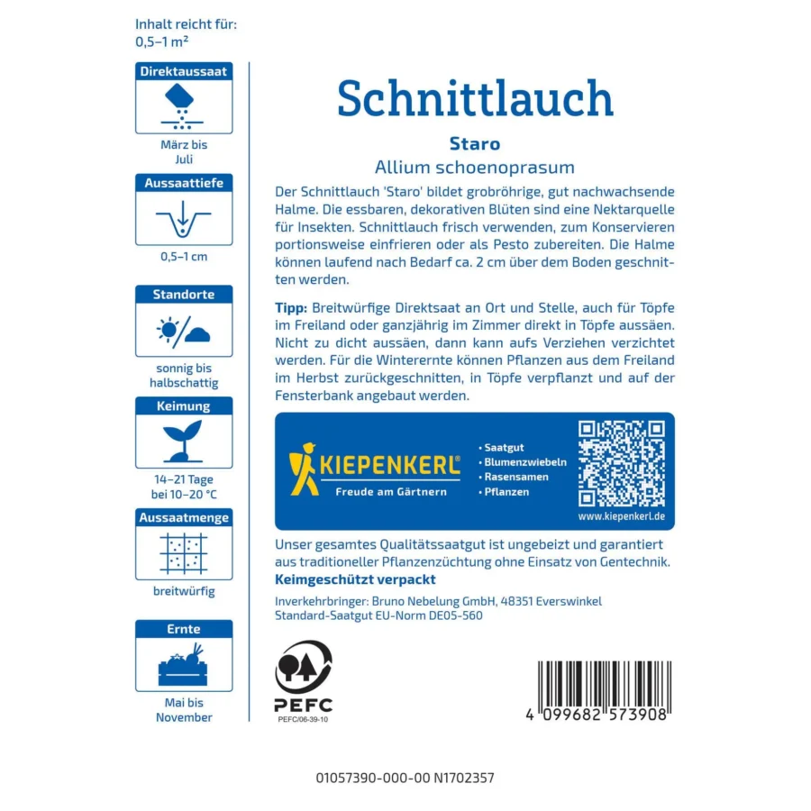 Kiepenkerl Schnittlauch Staro, aromatisch und robust, ideal für den Anbau im Garten oder Balkon, 1 Portion.