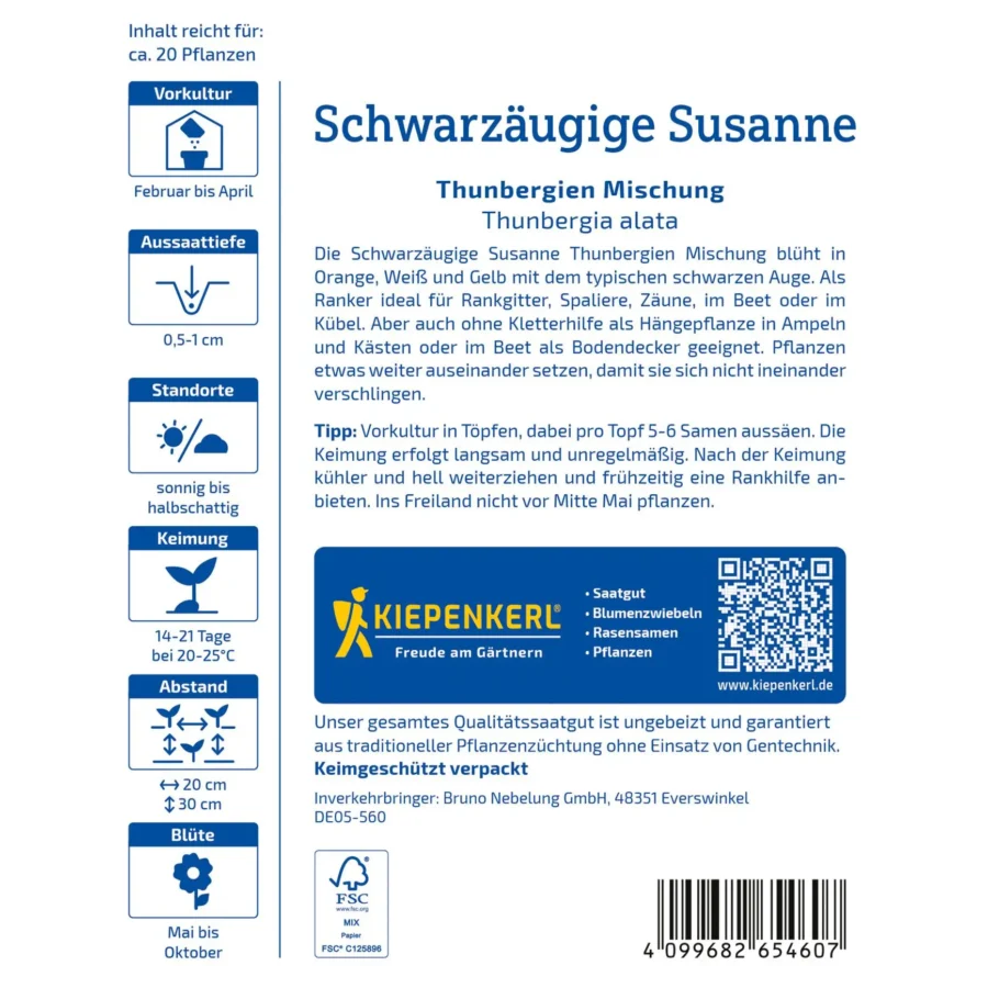 Schwarzaeugige Susanne Samen Thunbergien-Mischung, farbenfrohe Blüten für lebendige Gärten, 3 Gramm, ideal für sonnige Standorte.
