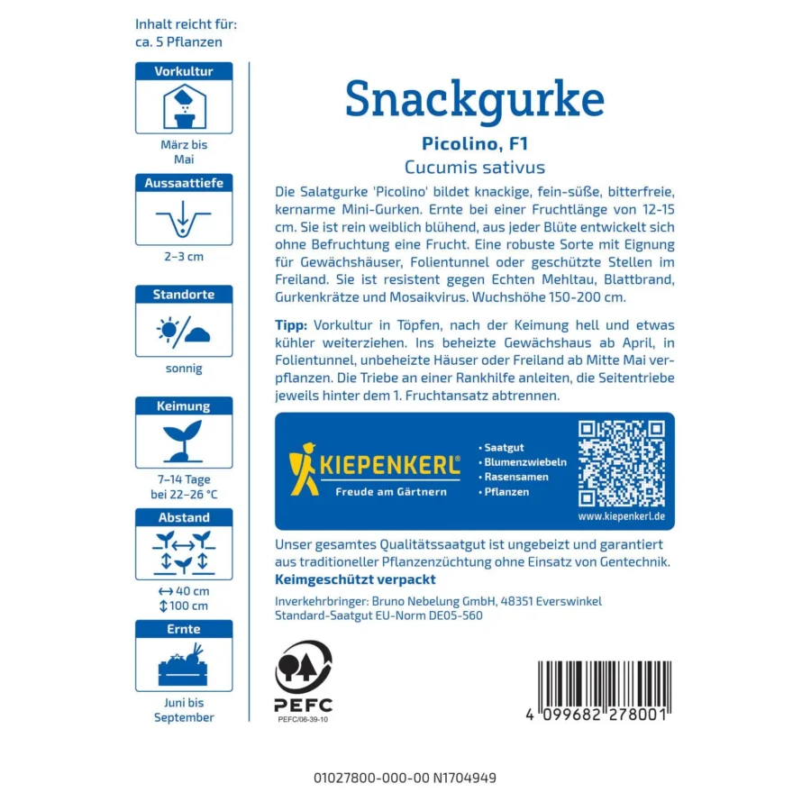 Kiepenkerl Snackgurke Picolino F1, knackige Mini-Gurke, ideal für Balkon und Terrasse, besonders ertragreich und aromatisch.