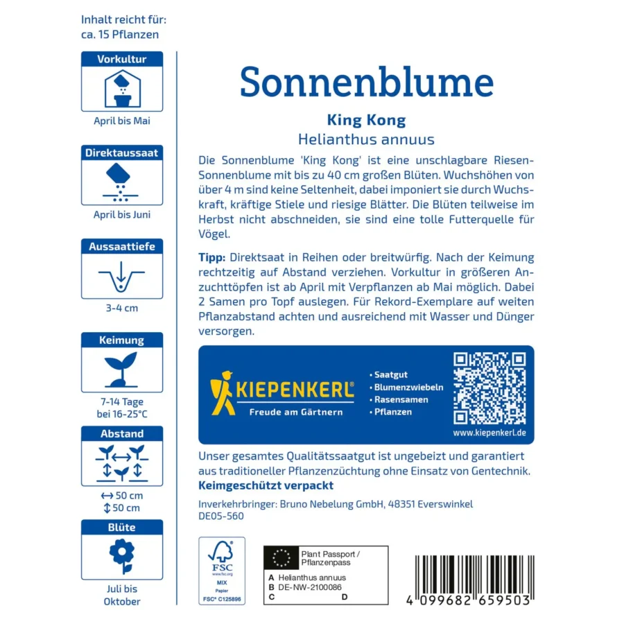 Kiepenkerl Sonnenblume King Kong, leuchtend gelb, ideal für große Gärten, blüht bis zu 3 Meter hoch, robust und pflegeleicht.