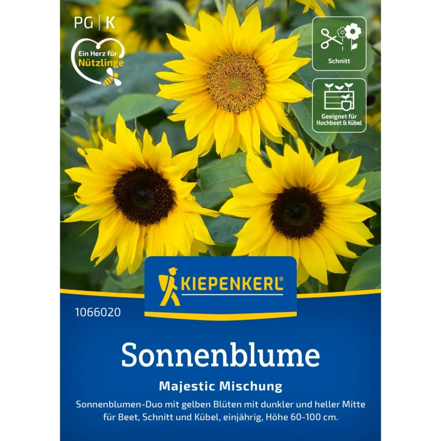 Kiepenkerl Sonnenblume Majestic Mischung, leuchtende gelbe Blüten, ideal für bunte Gärten, Mischung aus verschiedenen Sorten, dekorativ und pflegeleicht.