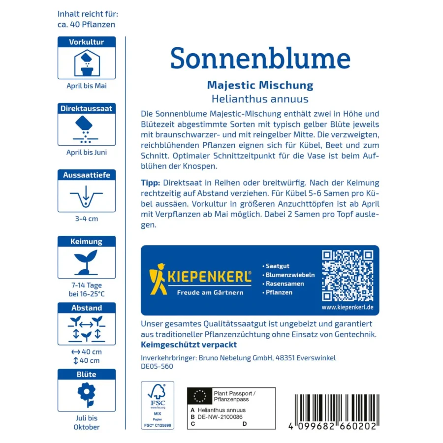 Kiepenkerl Sonnenblume Majestic Mischung, farbenfroh und robust, ideal für bunte Gärten, 50 Samen pro Packung.
