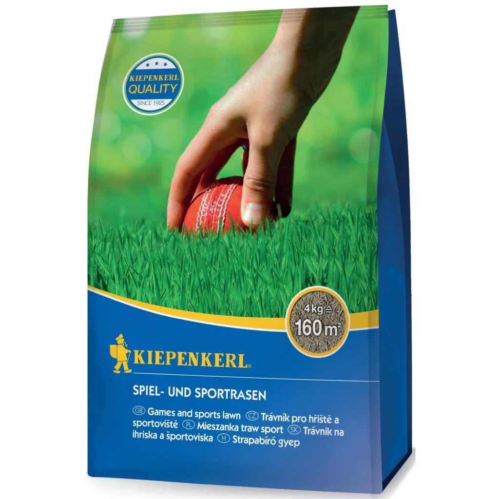 Kiepenkerl Spiel- und Sportrasensamen 4 kg, ideal für robuste Rasenflächen im Garten und auf Sportplätzen, fördert intensives Wachstum.