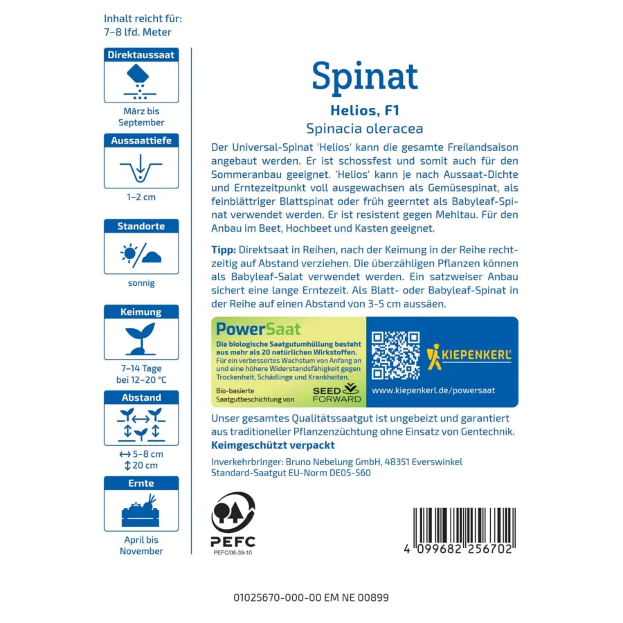 Kiepenkerl Spinat Helios F1, nährstoffreicher Premium-Saatgutmix, ideal für schnelle Ernte, ca. 120 Tage bis zur Reife.