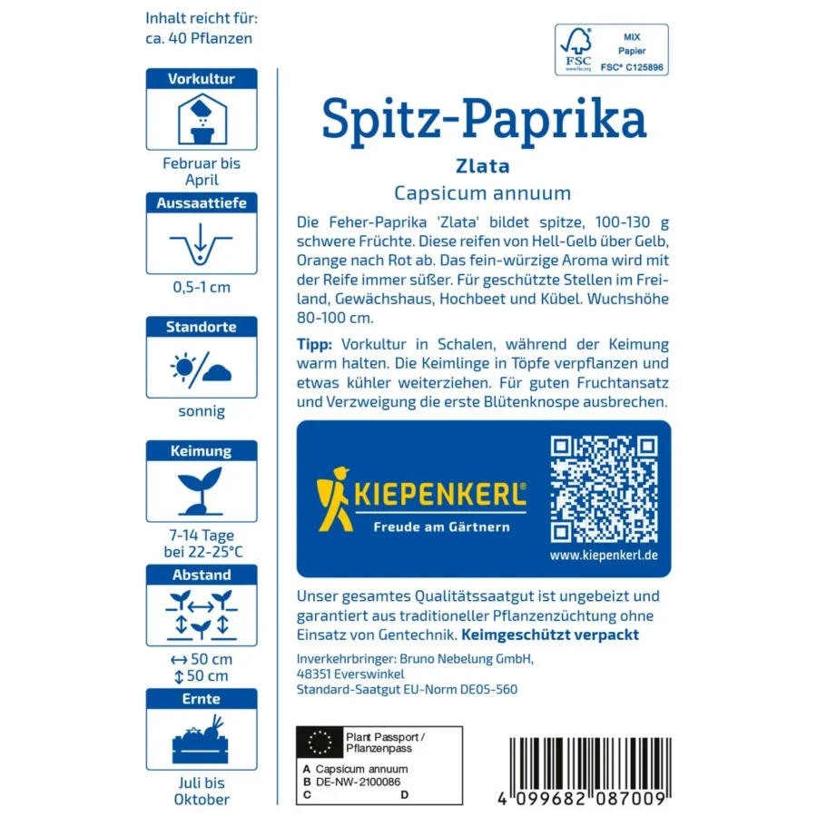 Kiepenkerl-Spitz-Paprika-Zlata, aromatisch und fruchtig, ideal für den eigenen Garten oder Balkon, leuchtend gelb, altaussehende Sorte.