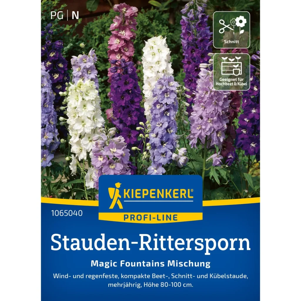 Kiepenkerl Stauden-Rittersporn Magic Fountains Mischung, mehrfarbige Blütenpflanzen, ideal für bunte Gartenbeete, robust und frostsicher.