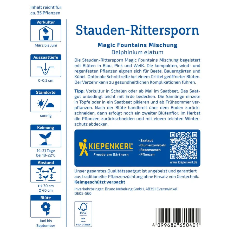 Kiepenkerl Rittersporn Magic Fountains Mischung, mehrfarbige Staudenblumen, ideal für bunte Gartenakzente und bienenfreundliche Bepflanzung.