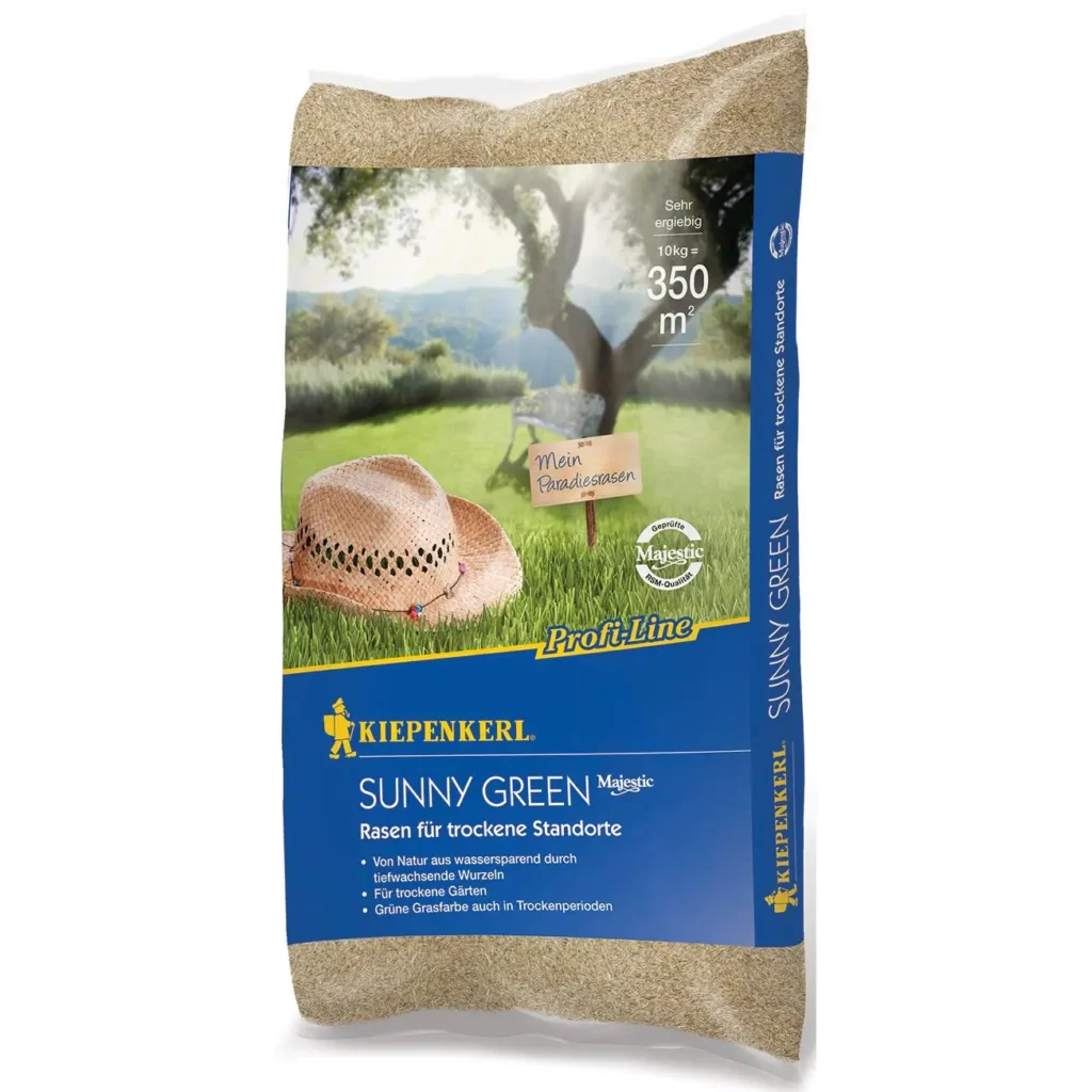 Kiepenkerl Sunny Green Rasen für trockene Standorte, 10 kg Rasensamen, ideal für strapazierte Flächen und trockene Gärten.