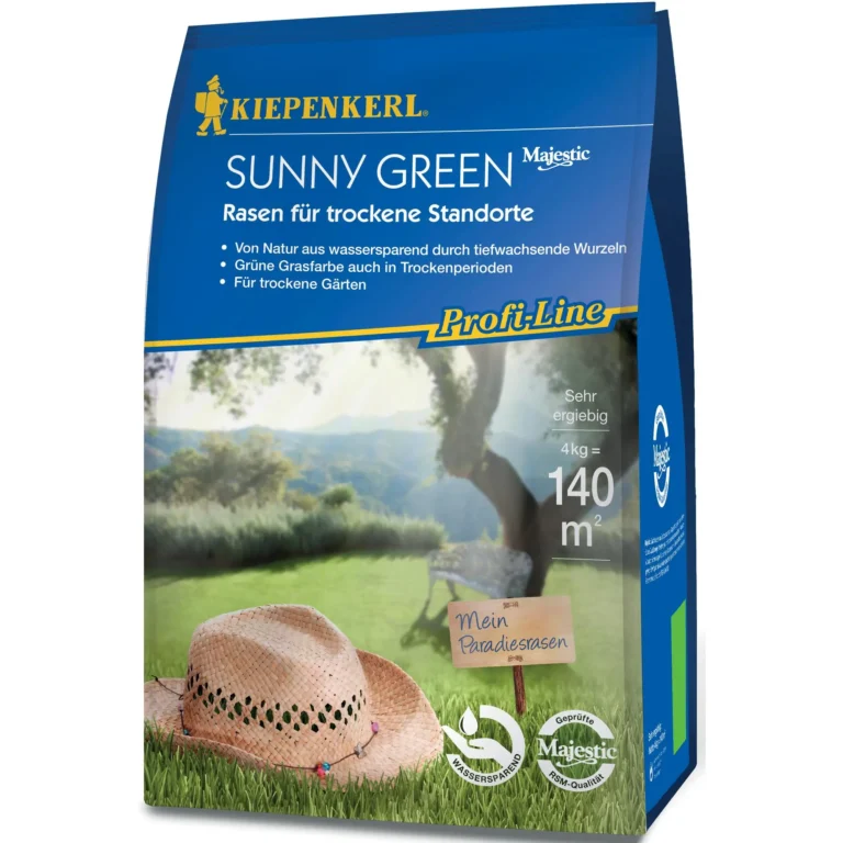 Rasenpflege im Frühling: So wird dein Rasen wieder saftig grün 3 Sunny Green Rasen für trockene Standorte, 4 kg