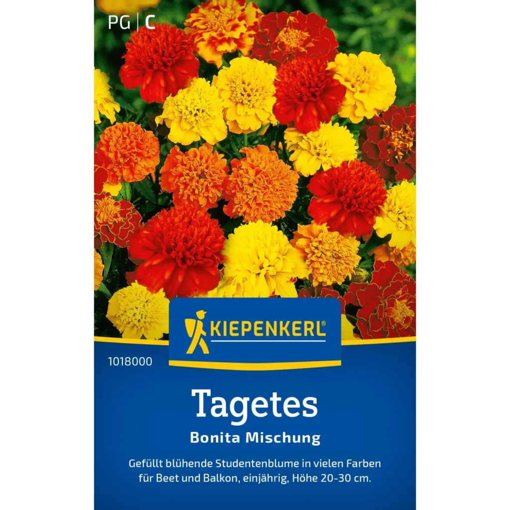Tagetes Bonita Mischung, pflegeleichte Blütenpflanzen, leuchtende Farben, ideal für Beete und Balkon, attraktive Duftblüten für Insekten.
