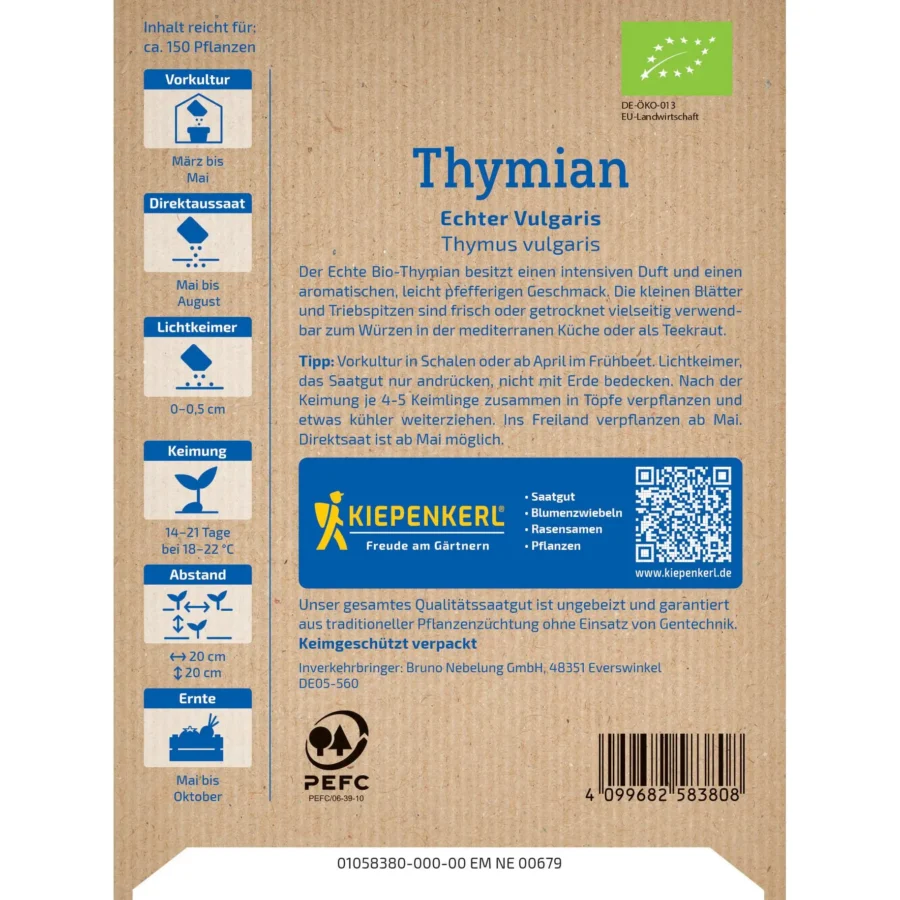 Echter Thymiansamen von Kiepenkerl, ideal für aromatische Kräutergärten, 500 Samen für die Anzucht im Garten oder Balkon.