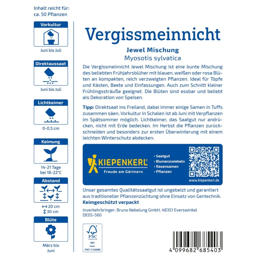 Kiepenkerl Vergissmeinnicht Jewel Mischung, farbenfrohe Blütenvielfalt für Garten und Balkon, ideal für bunte Frühlingsbeete.