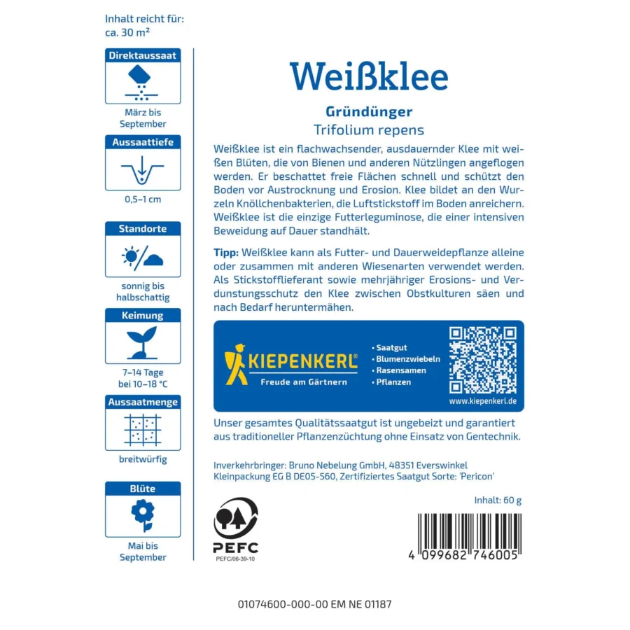 Kiepenkerl Weisskleesamen Kriechklee, ideal für grüne Rasenflächen, nährstoffreich, 200 g.