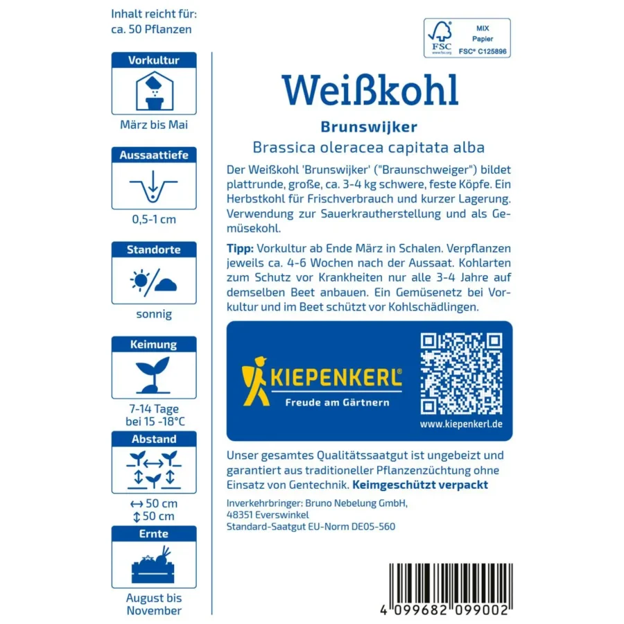 Kiepenkerl Weißkohl Brunswijker, vitaminreiche und ertragreiche Sorte, ideal für frische Kohlgerichte, gut lagerfähig.