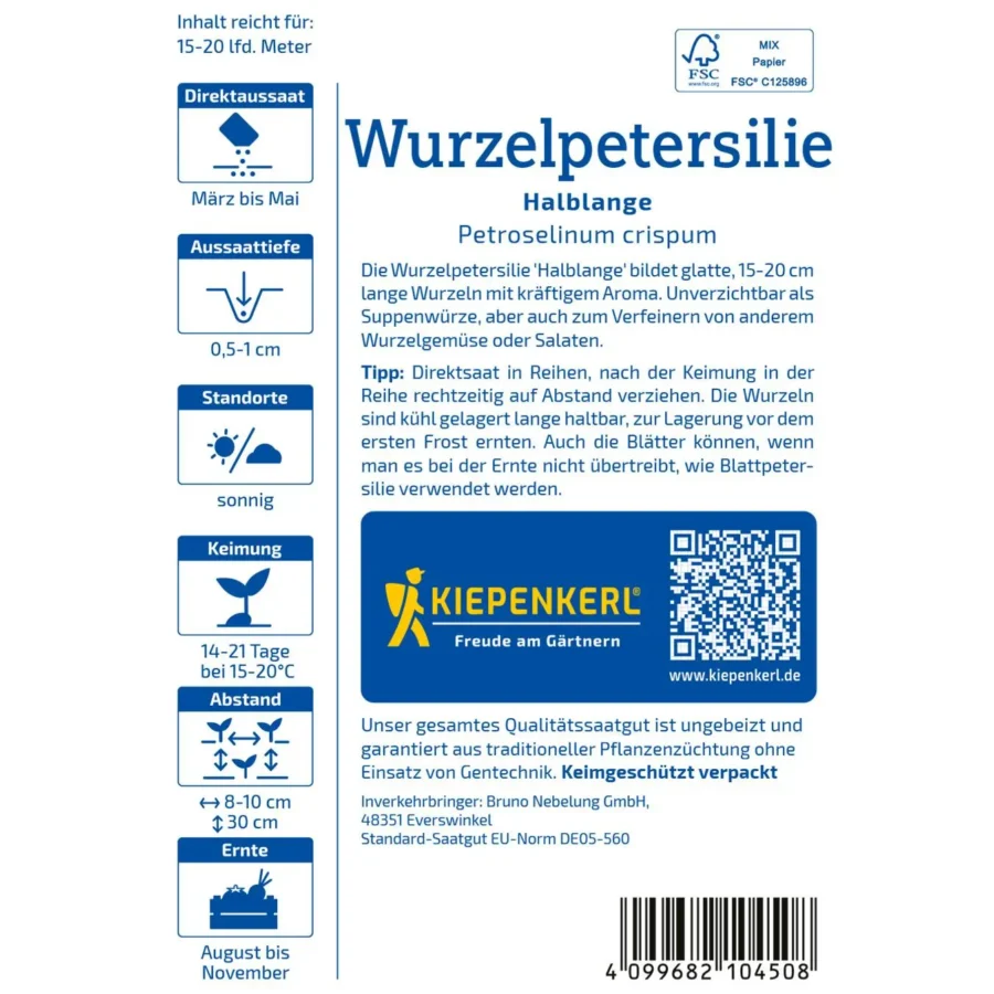 Kiepenkerl Wurzelpetersilie Halblange, ausgesuchte Qualität für aromatische Suppen und Eintöpfe, ideal für den eigenen Garten.